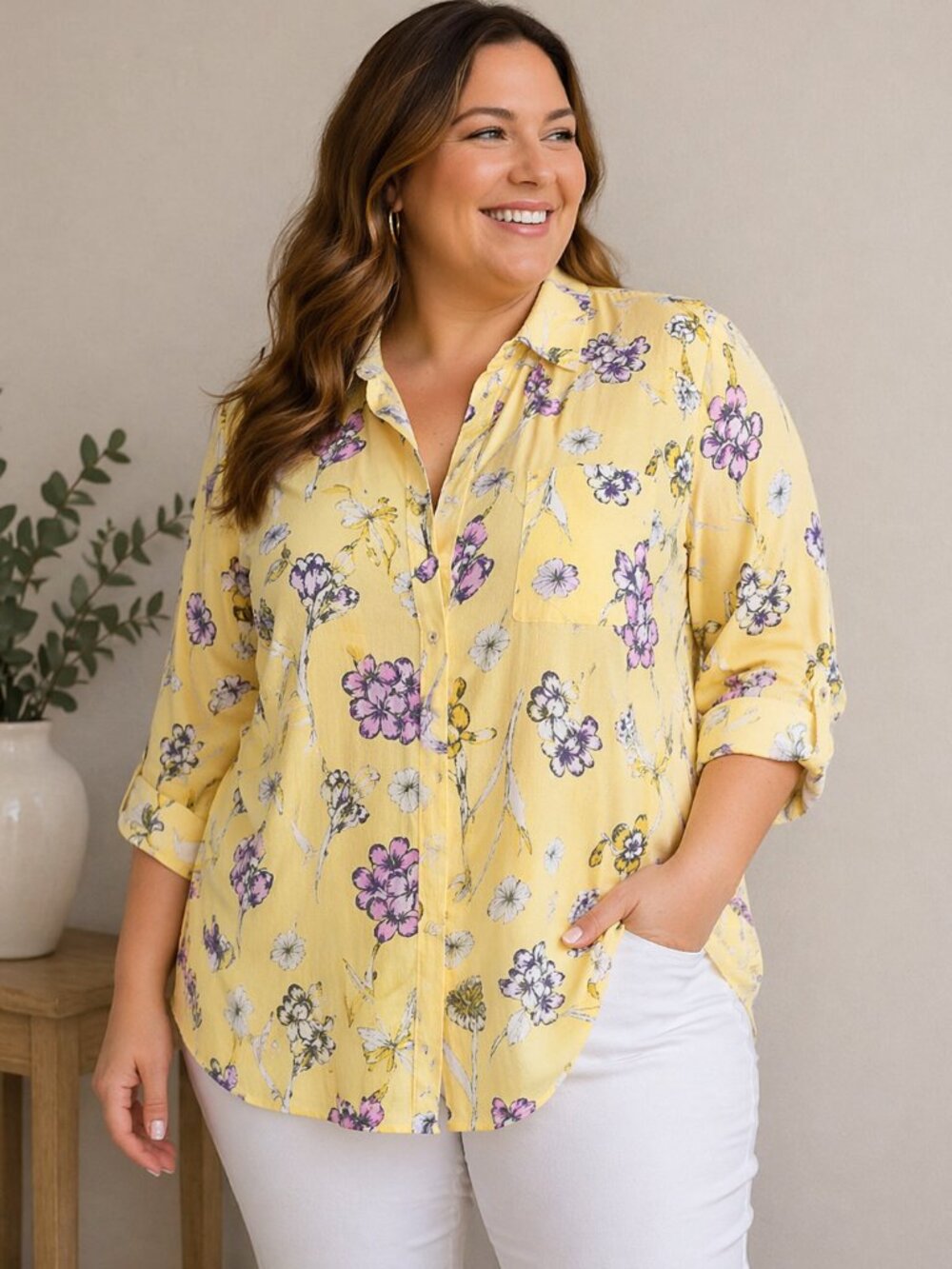 Charter Club Butter Yellow Floral Linen Button Down Grandma Core Cottagecore